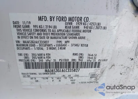 2020 Ford Ecosport Se z USA, uszkodzony, nr VIN MAJ6S3GL6LC335827